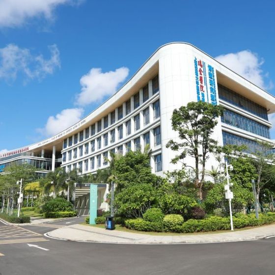 Ruijin Hainan Hospital (瑞金医院海南医院) building with vertical 瑞金医院 signs, Boao Lecheng International Medical Tourism Pilot Zone